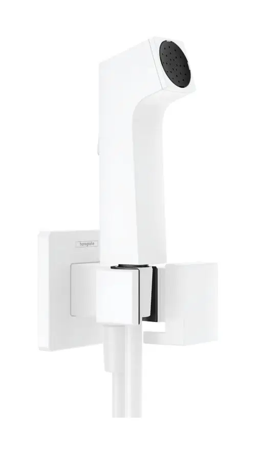 Weißes Bidet-Handbrause-Set mit Halter und 125 cm langem Schlauch. Das Produkt stammt von Hansgrohe und ist für Kaltwasser ausgelegt.